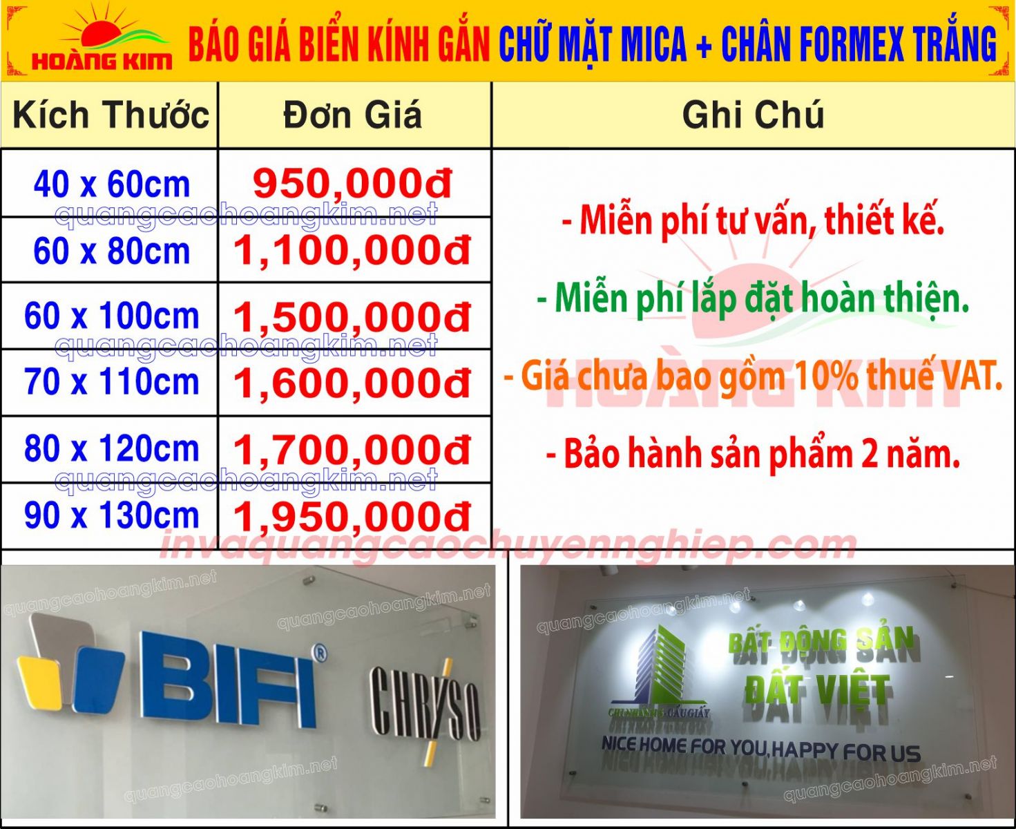 BÁO GIÁ BIỂN KÍNH GẮN CHỮ MẶT MICA + CHÂN FORMEX TRẮNG