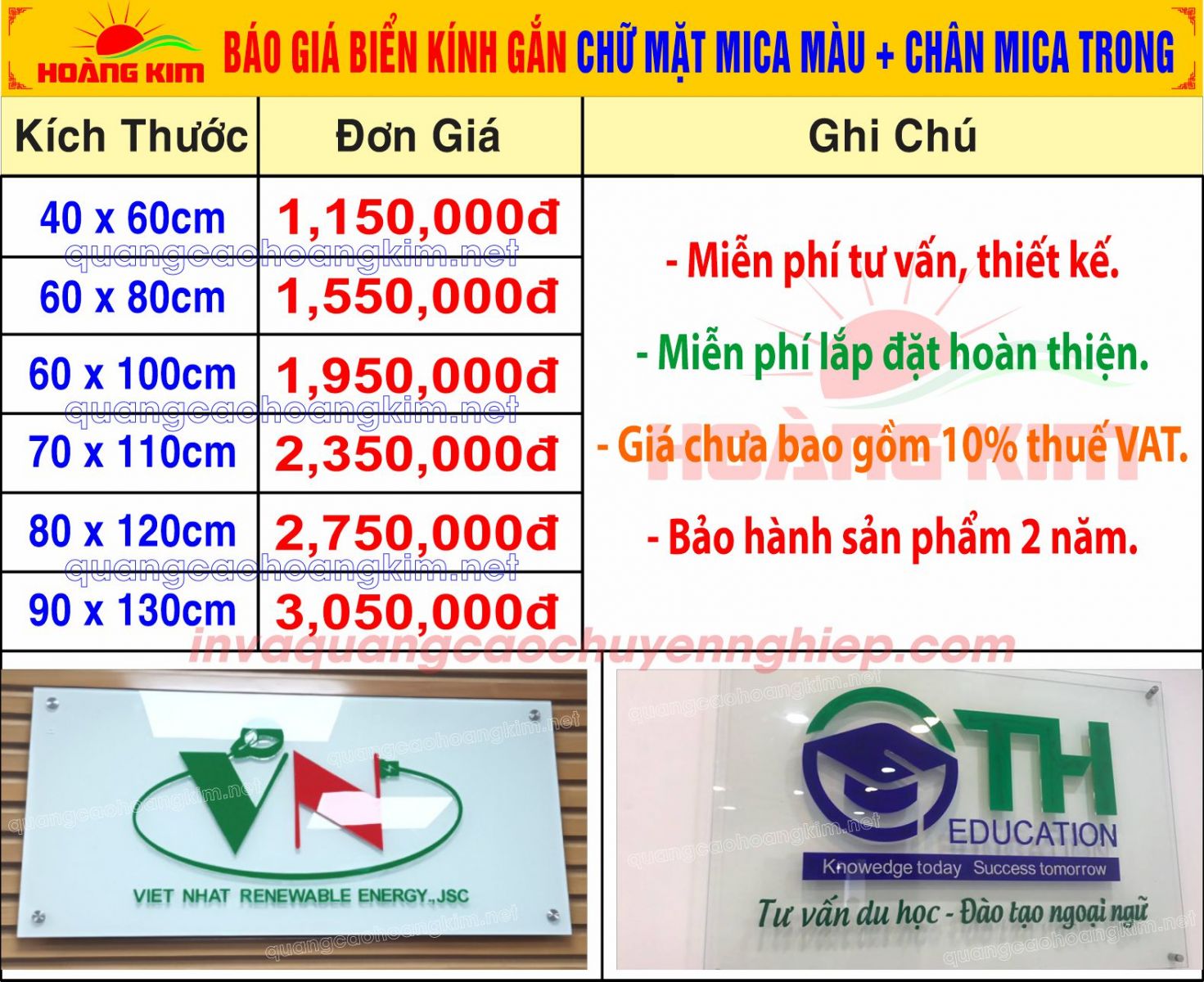 BÁO GIÁ BIỂN KÍNH GẮN CHỮ MẶT MICA MÀU + CHÂN MICA TRONG